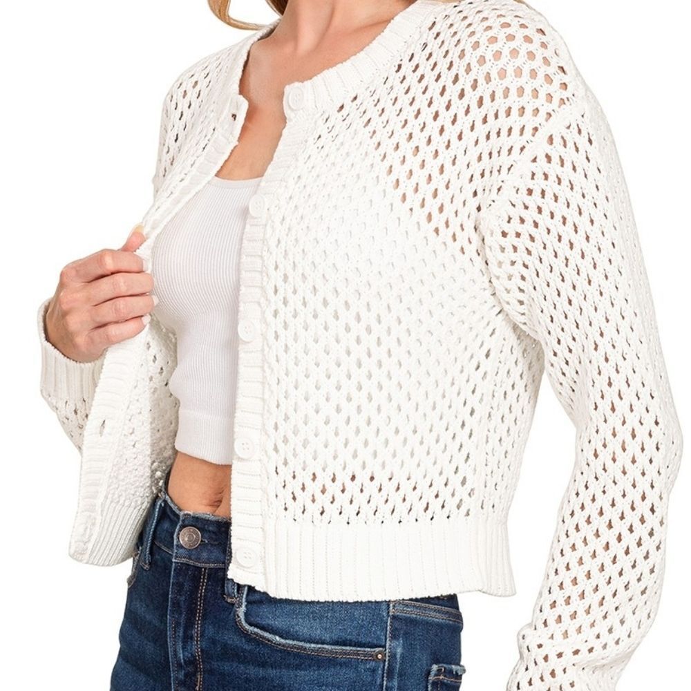 **Zenana Button Down Lightweight Crochet Cardigan Sweater White